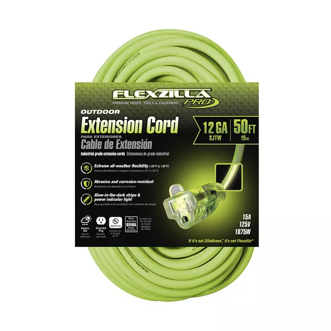 Flexzilla Pro Extension Cord, 12/3 AWG SJTW, 50', Outdoor, Lighted