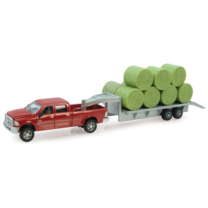 TOMY 1:64 Scale 2011 Ram Pickup with Gooseneck Flatbed Trailer & Round Bales