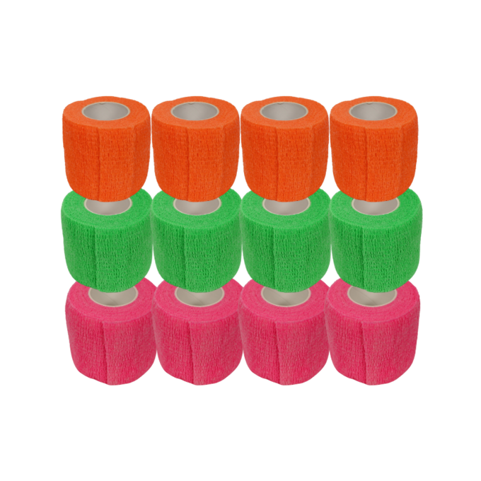 2" Cohesive Flexible Bandage | Fluorescent Green, Pink, & Orange | High-Visibility 12-Roll Pack