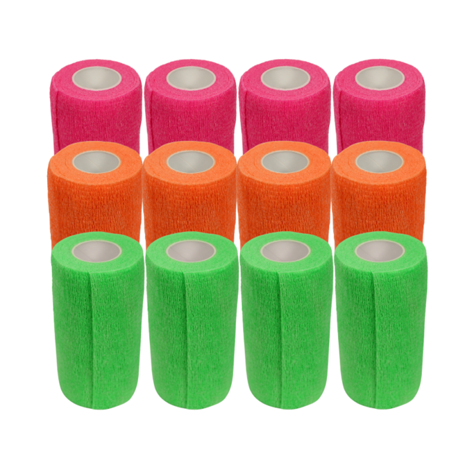 4" Cohesive Flexible Bandage | Fluorescent Green, Pink, & Orange | High-Visibility 12-Roll Pack