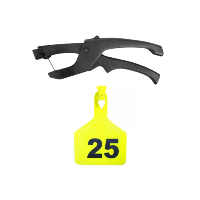 Large Numbered 1-Piece Z-Type Ear Tags & Applicator Bundle for Livestock, 1-25 | Yellow, White | Snag-Free & Durable