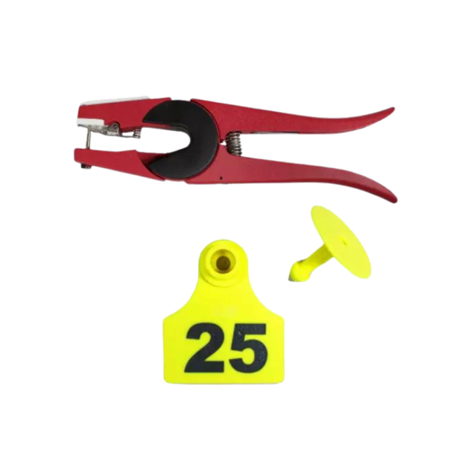 Small Numbered Livestock Ear Tags & Universal Applicator Bundle, 1-25 | Yellow, White | Durable, Laser Engraved