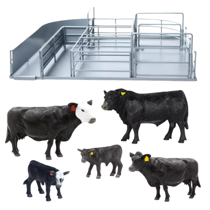 Little Buster Cattle Sweep Set with Angus & Baldy Family | 1:16 Scale | Metal Construct & Working Gates