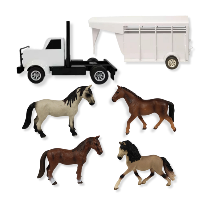 Ultimate Horse Transport Bundle | Little Buster Semi Truck & Gooseneck Stock Trailer with Hand-Painted Zaga Toys Horses