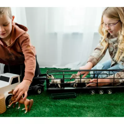 Elite Equine Ranch Transport Bundle | Little Buster Semi Truck, Gooseneck Stock Trailer & Hand-Painted ZAGA Horses