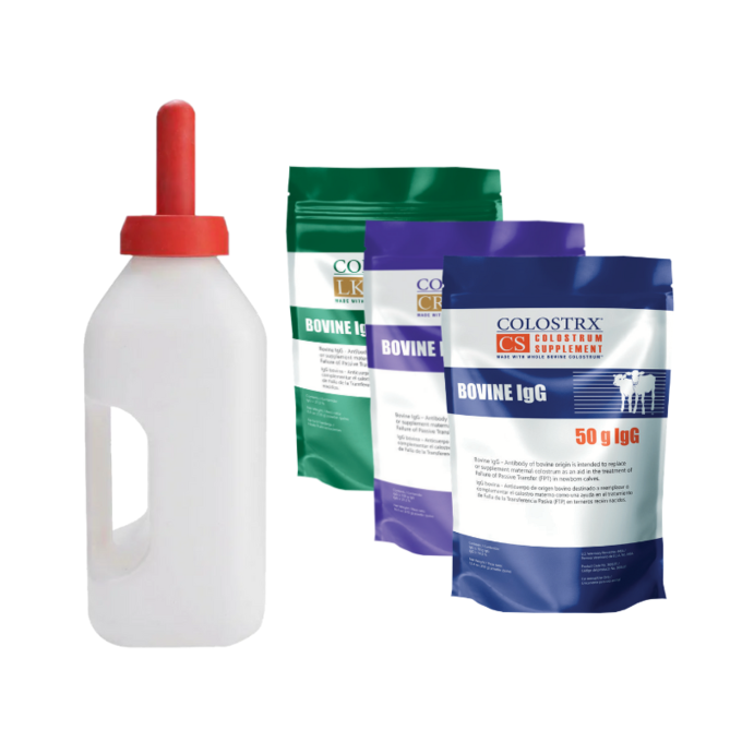 Immune-Boosting Newborn Feed Kit | 2 Qt Calf Nursing Bottle with Handle + Choice of Colostrx® | Colostrum Replacer & Supplement Options