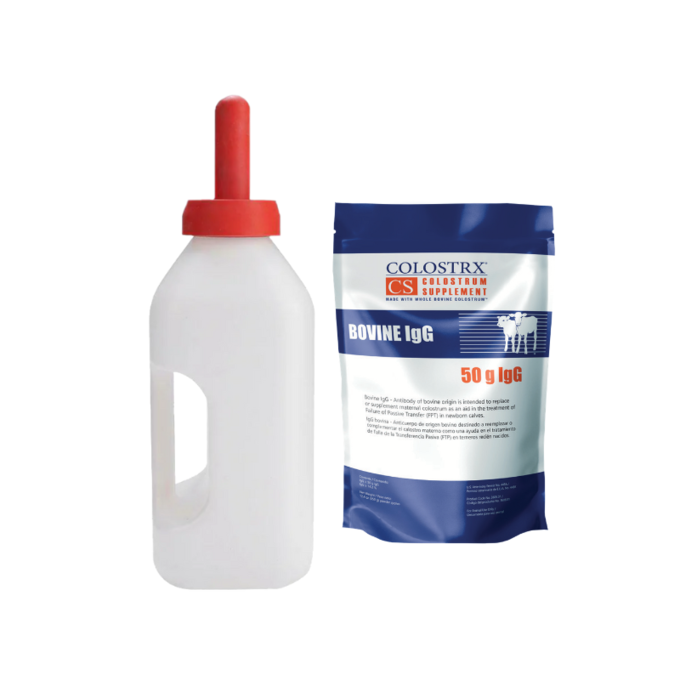 Immune-Boosting Newborn Feed Kit | 2 Qt Calf Nursing Bottle with Handle + Choice of Colostrx® | Colostrum Replacer & Supplement Options