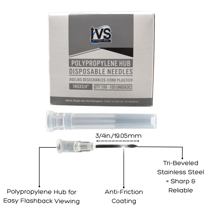 Ideal Poly Hub Disposable Needles 16Gx¾" | Box of 100 | Tri-Beveled Stainless Steel Cannula | Anti-Coring Tips