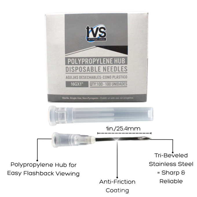 Ideal Poly Hub Disposable Needles 16Gx1" | Box of 100 | Tri-Beveled Stainless Steel Cannula | Anti-Coring Tips