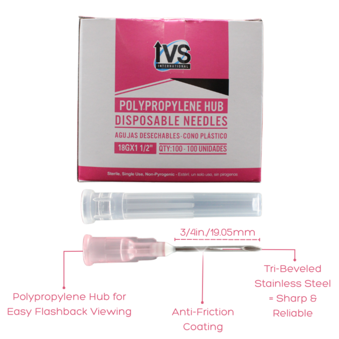 Ideal Poly Hub Disposable Needles 18Gx¾" | Box of 100 | Tri-Beveled Stainless Steel Cannula | Anti-Coring Tips