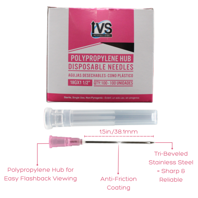 Ideal Poly Hub Disposable Needles 18Gx1½" | Box of 100 | Tri-Beveled Stainless Steel Cannula | Anti-Coring Tips