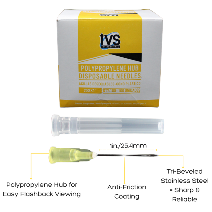 Ideal Poly Hub Disposable Needles 20Gx1" | Box of 100 | Tri-Beveled Stainless Steel Cannula | Anti-Coring Tips